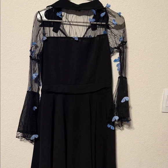 ROMWE Black Dress long sleeves with blue butterflies - Picture 7 of 8